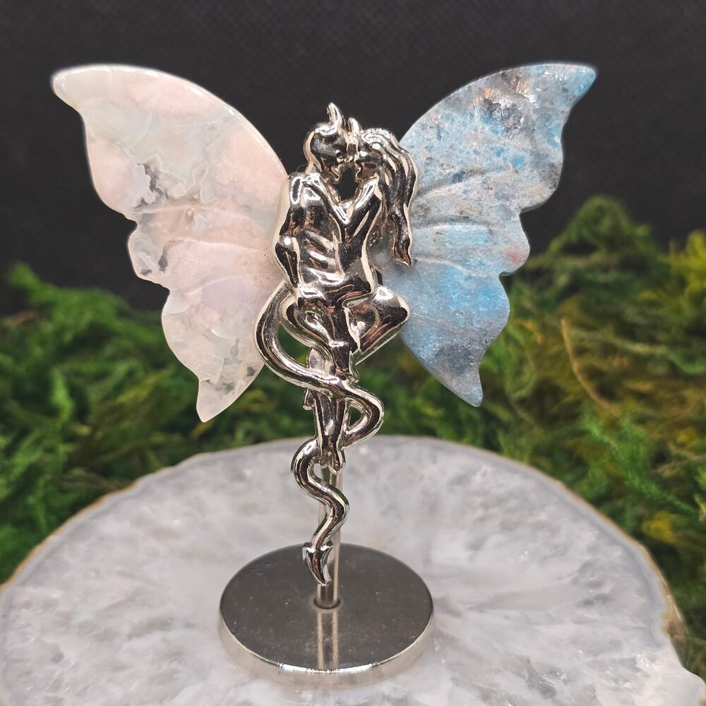 Blue Apatite Flower Agate Fairy Devil 3" Crystal Wings Good Evil Figurine